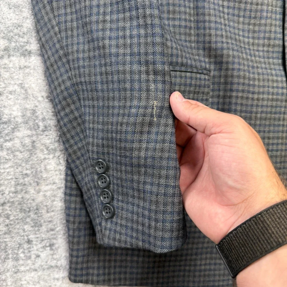 Jos A Bank Blazer Jacket MEns 44L Blue Gray Plaid Wool Sport Coat Academia Ivy